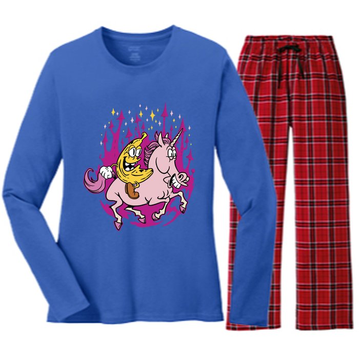 Banana Riding Unicorn Cartoon Gift Women's Long Sleeve Flannel Pajama Set 