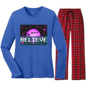 Believe Retro Vaporwave Santa Sleigh Flying Christmas Gift Women's Long Sleeve Flannel Pajama Set 