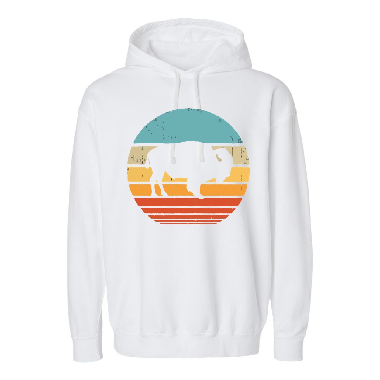 Bison Retro Vintage 60s 70s Sunset Buffalo Mammal Animal Men Garment-Dyed Fleece Hoodie