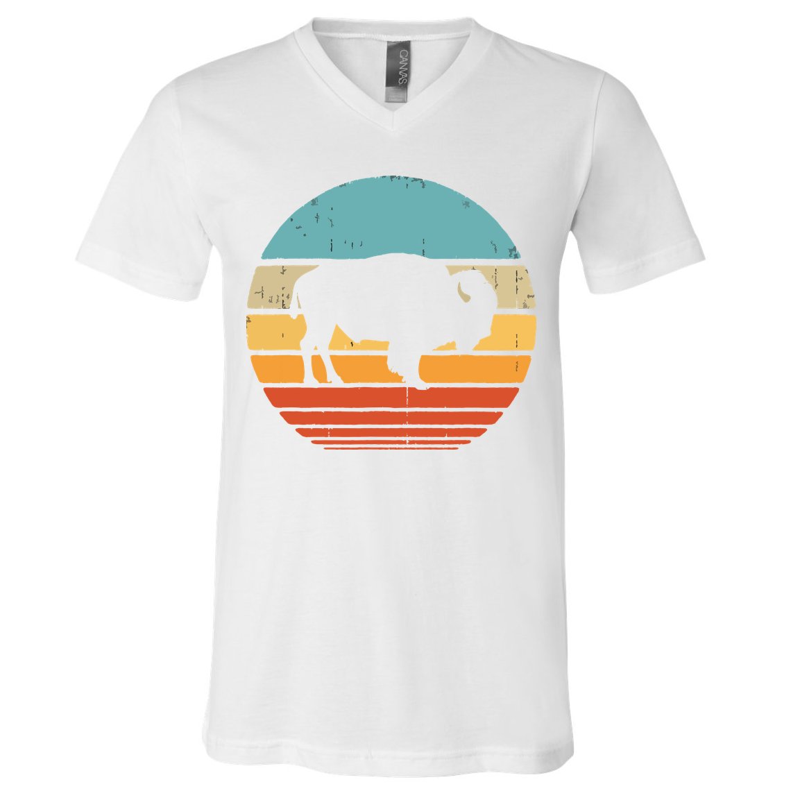 Bison Retro Vintage 60s 70s Sunset Buffalo Mammal Animal Men V-Neck T-Shirt