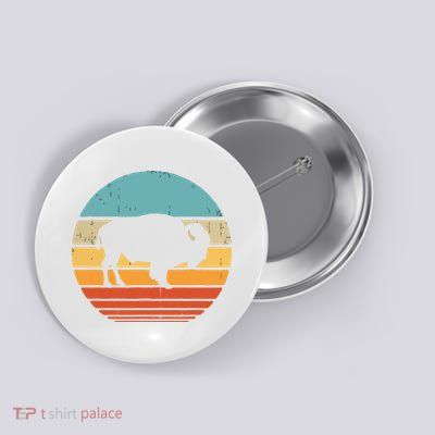 Bison Retro Vintage 60s 70s Sunset Buffalo Mammal Animal Men Button