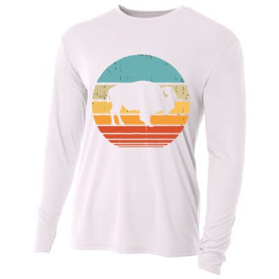 Bison Retro Vintage 60s 70s Sunset Buffalo Mammal Animal Men Cooling Performance Long Sleeve Crew