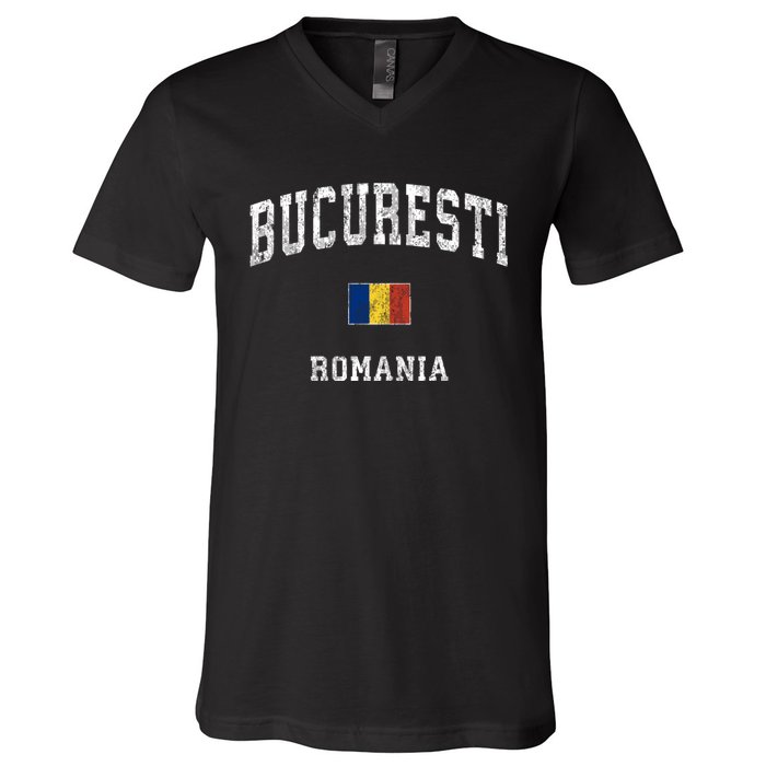 Bucharest Romania Vintage Athletic Sports V-Neck T-Shirt