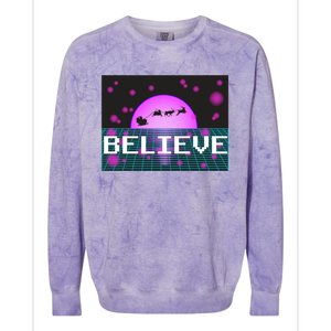 Believe Retro Vaporwave Santa Sleigh Flying Christmas Gift Funny Gift Colorblast Crewneck Sweatshirt