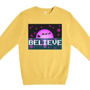 Believe Retro Vaporwave Santa Sleigh Flying Christmas Gift Funny Gift Premium Crewneck Sweatshirt