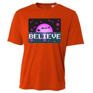 Believe Retro Vaporwave Santa Sleigh Flying Christmas Gift Funny Gift Cooling Performance Crew T-Shirt