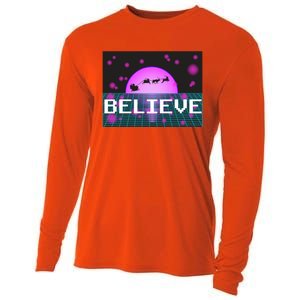 Believe Retro Vaporwave Santa Sleigh Flying Christmas Gift Funny Gift Cooling Performance Long Sleeve Crew