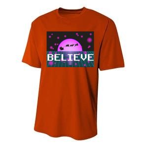 Believe Retro Vaporwave Santa Sleigh Flying Christmas Gift Funny Gift Performance Sprint T-Shirt