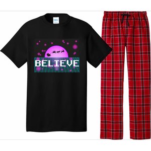 Believe Retro Vaporwave Santa Sleigh Flying Christmas Gift Funny Gift Pajama Set