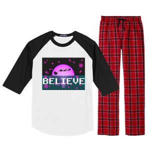 Believe Retro Vaporwave Santa Sleigh Flying Christmas Gift Funny Gift Raglan Sleeve Pajama Set