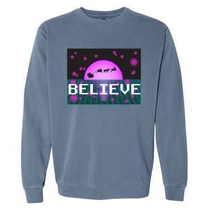 Believe Retro Vaporwave Santa Sleigh Flying Christmas Gift Funny Gift Garment-Dyed Sweatshirt