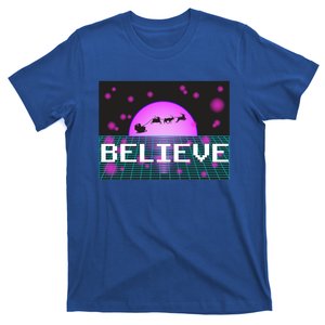 Believe Retro Vaporwave Santa Sleigh Flying Christmas Gift Funny Gift T-Shirt