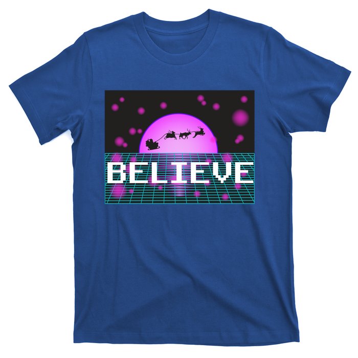 Believe Retro Vaporwave Santa Sleigh Flying Christmas Gift Funny Gift T-Shirt