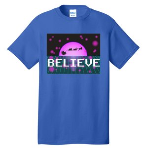 Believe Retro Vaporwave Santa Sleigh Flying Christmas Gift Funny Gift Tall T-Shirt