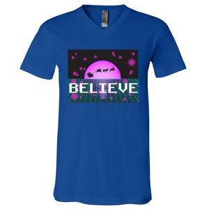 Believe Retro Vaporwave Santa Sleigh Flying Christmas Gift Funny Gift V-Neck T-Shirt