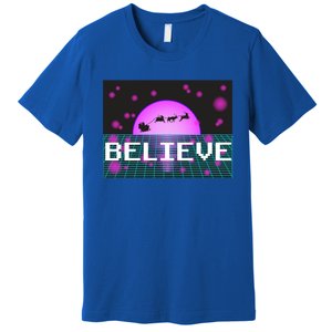 Believe Retro Vaporwave Santa Sleigh Flying Christmas Gift Funny Gift Premium T-Shirt