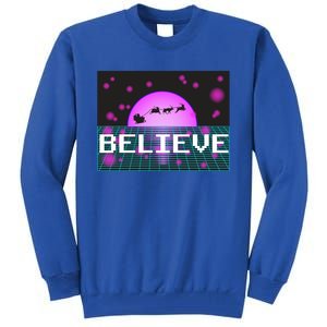 Believe Retro Vaporwave Santa Sleigh Flying Christmas Gift Funny Gift Tall Sweatshirt