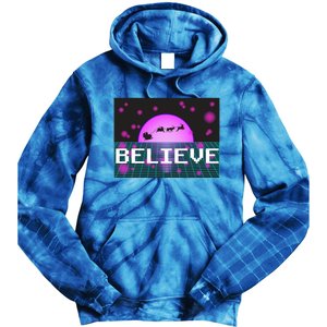 Believe Retro Vaporwave Santa Sleigh Flying Christmas Gift Funny Gift Tie Dye Hoodie