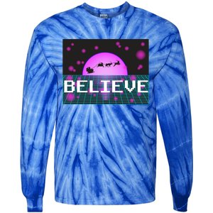 Believe Retro Vaporwave Santa Sleigh Flying Christmas Gift Funny Gift Tie-Dye Long Sleeve Shirt