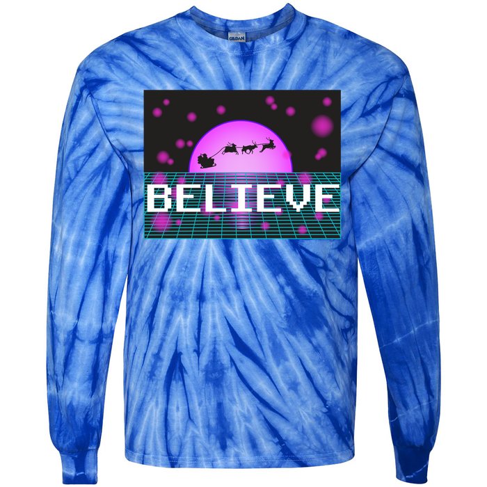 Believe Retro Vaporwave Santa Sleigh Flying Christmas Gift Funny Gift Tie-Dye Long Sleeve Shirt