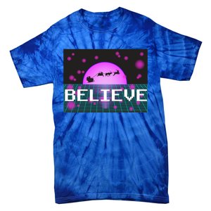 Believe Retro Vaporwave Santa Sleigh Flying Christmas Gift Funny Gift Tie-Dye T-Shirt