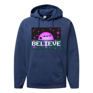 Believe Retro Vaporwave Santa Sleigh Flying Christmas Gift Funny Gift Performance Fleece Hoodie