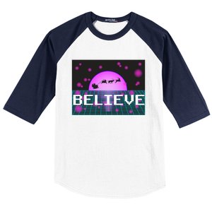 Believe Retro Vaporwave Santa Sleigh Flying Christmas Gift Funny Gift Baseball Sleeve Shirt