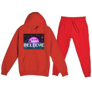 Believe Retro Vaporwave Santa Sleigh Flying Christmas Gift Funny Gift Premium Hooded Sweatsuit Set