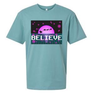 Believe Retro Vaporwave Santa Sleigh Flying Christmas Gift Funny Gift Sueded Cloud Jersey T-Shirt