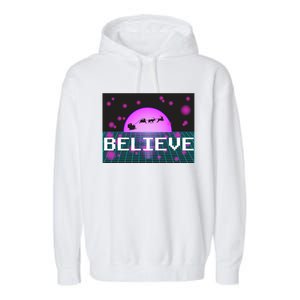 Believe Retro Vaporwave Santa Sleigh Flying Christmas Gift Funny Gift Garment-Dyed Fleece Hoodie