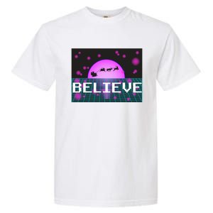 Believe Retro Vaporwave Santa Sleigh Flying Christmas Gift Funny Gift Garment-Dyed Heavyweight T-Shirt