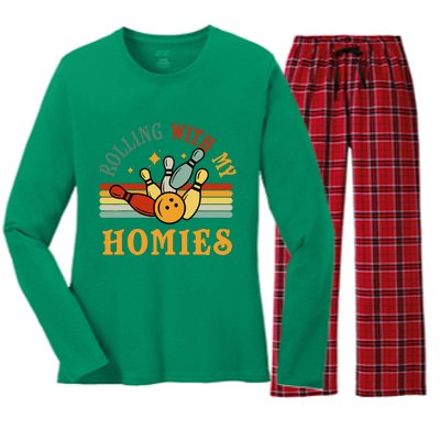 Bowlingshirt Rolling With My Homies Funny Bowler Women's Long Sleeve Flannel Pajama Set 