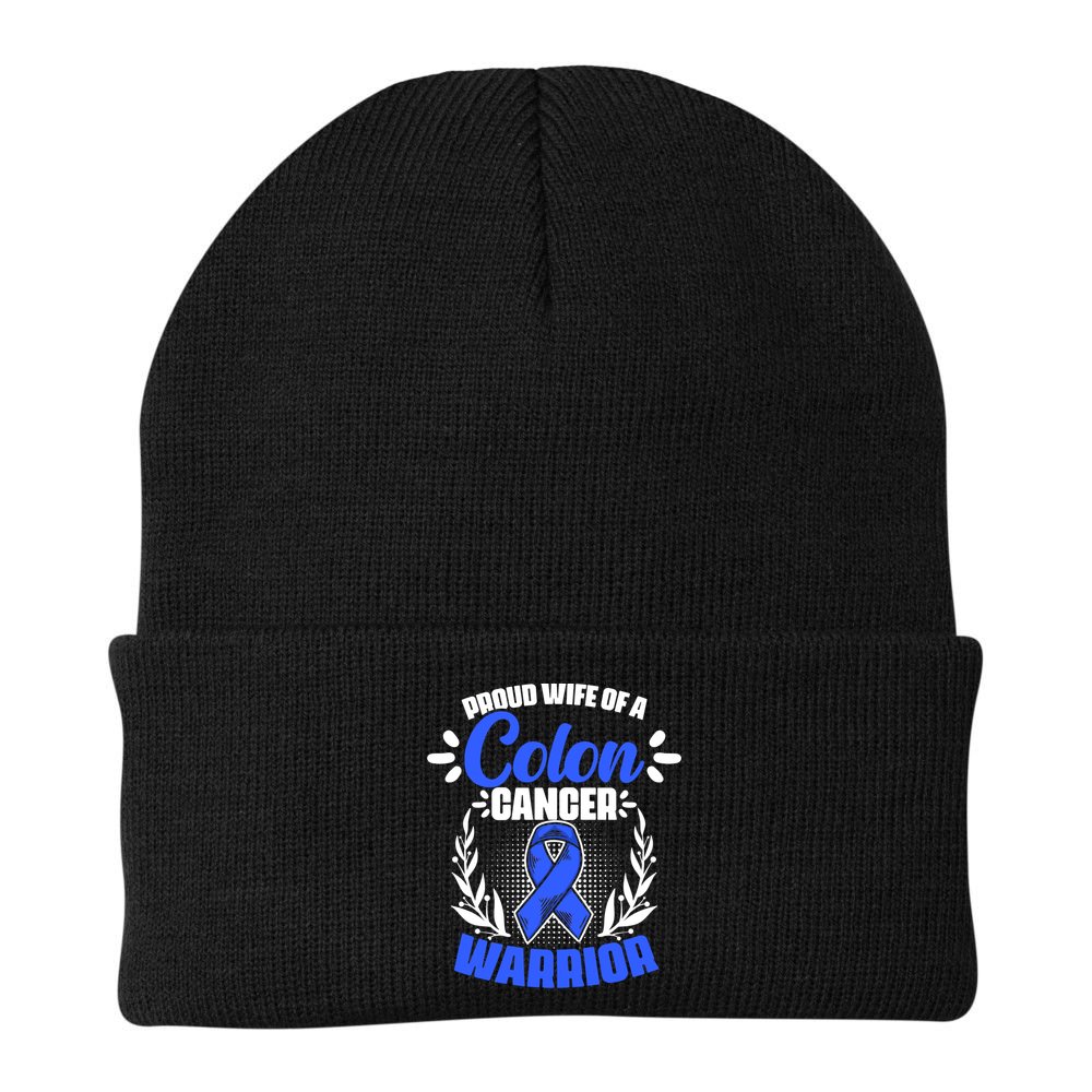 Blue Ribbon Wife Of A Colon Cancer Warrior Colorectal Cancer Gift Beanie