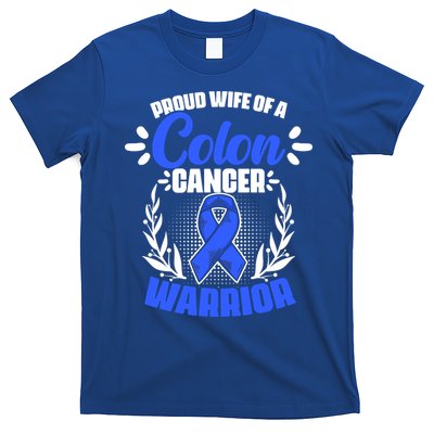 Blue Ribbon Wife Of A Colon Cancer Warrior Colorectal Cancer Gift T-Shirt
