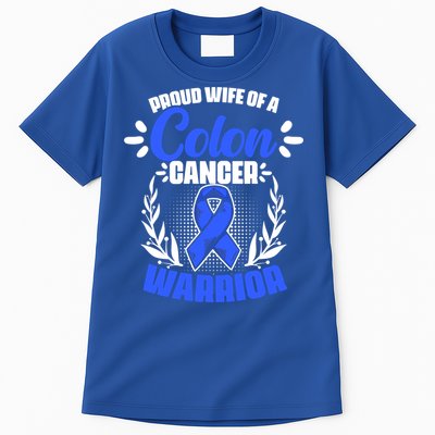 Blue Ribbon Wife Of A Colon Cancer Warrior Colorectal Cancer Gift Tall T-Shirt