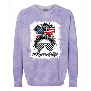 Bleached Race Wife Life Racing US Flag Messy Bun 4th Of July Colorblast Crewneck Sweatshirt