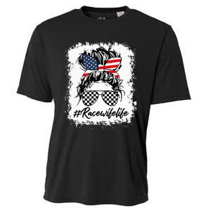 Bleached Race Wife Life Racing US Flag Messy Bun 4th Of July Cooling Performance Crew T-Shirt