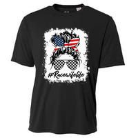 Bleached Race Wife Life Racing US Flag Messy Bun 4th Of July Cooling Performance Crew T-Shirt