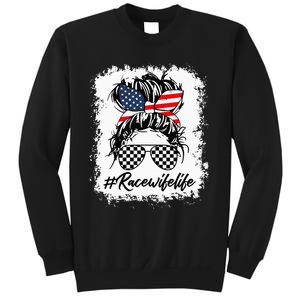 Bleached Race Wife Life Racing US Flag Messy Bun 4th Of July Sweatshirt