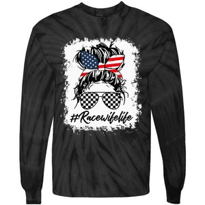 Bleached Race Wife Life Racing US Flag Messy Bun 4th Of July Tie-Dye Long Sleeve Shirt