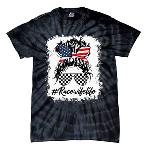 Bleached Race Wife Life Racing US Flag Messy Bun 4th Of July Tie-Dye T-Shirt