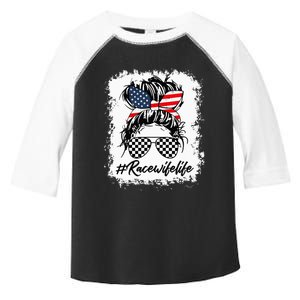 Bleached Race Wife Life Racing US Flag Messy Bun 4th Of July Toddler Fine Jersey T-Shirt