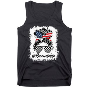 Bleached Race Wife Life Racing US Flag Messy Bun 4th Of July Tank Top