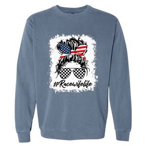 Bleached Race Wife Life Racing US Flag Messy Bun 4th Of July Garment-Dyed Sweatshirt