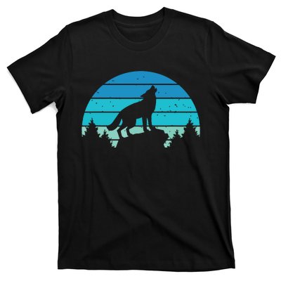 Blue Retro Wolf Forest Print Wild Animal Wilderness Wolves T-Shirt