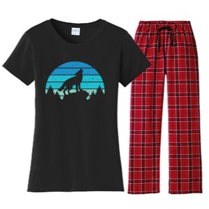 Blue Retro Wolf Forest Print Wild Animal Wilderness Wolves Women's Flannel Pajama Set