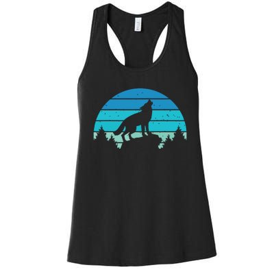 Blue Retro Wolf Forest Print Wild Animal Wilderness Wolves Women's Racerback Tank