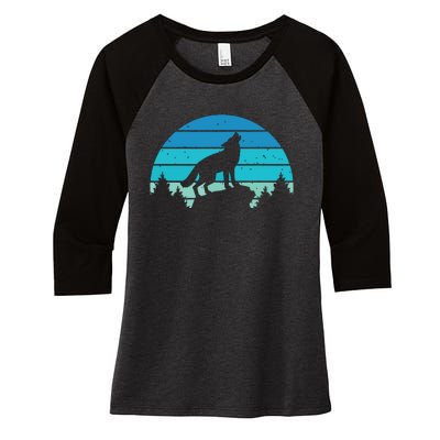 Blue Retro Wolf Forest Print Wild Animal Wilderness Wolves Women's Tri-Blend 3/4-Sleeve Raglan Shirt