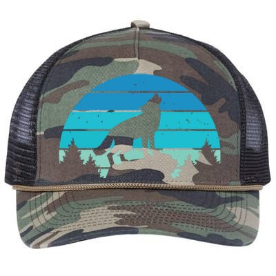 Blue Retro Wolf Forest Print Wild Animal Wilderness Wolves Retro Rope Trucker Hat Cap