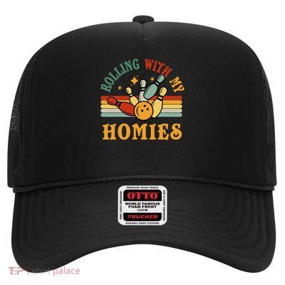 Bowling Rolling With My Homies Men Women Funny Bowler High Crown Mesh Back Trucker Hat